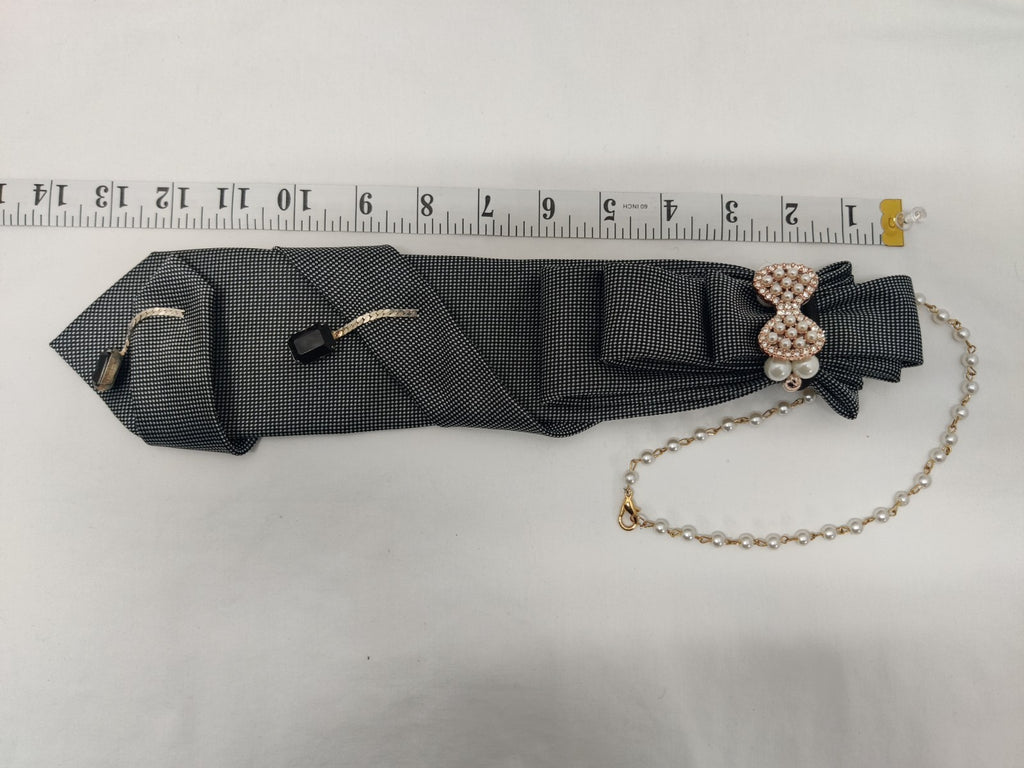 Women's Bow Tie Necklace - Black & White Micro Dot Silk Tie - Pearl Bow Brooch