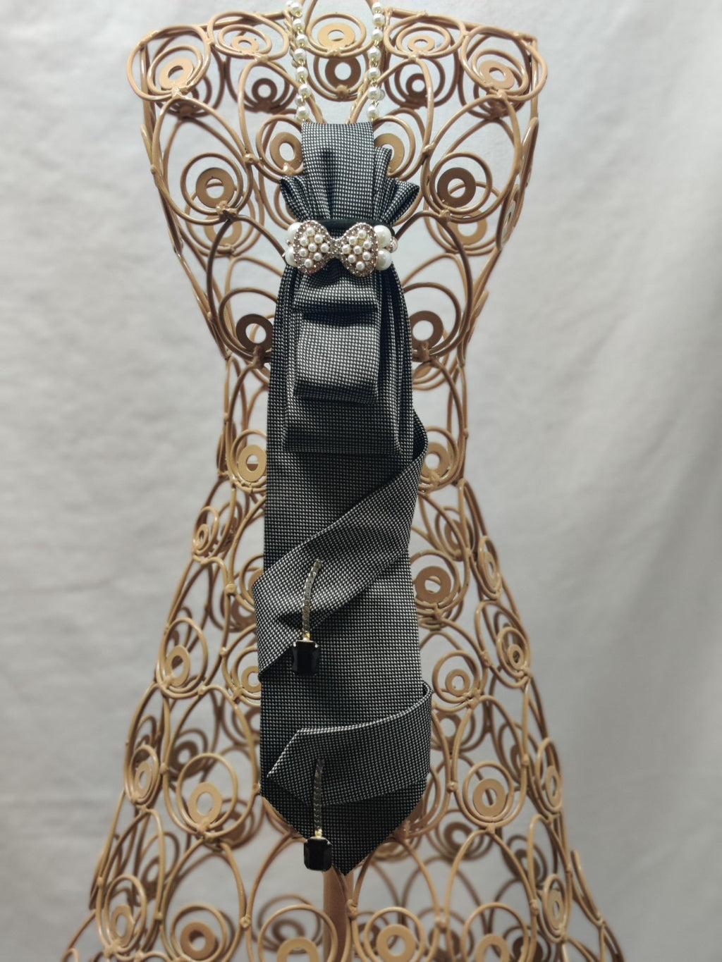 Women's Bow Tie Necklace - Black & White Micro Dot Silk Tie - Pearl Bow Brooch