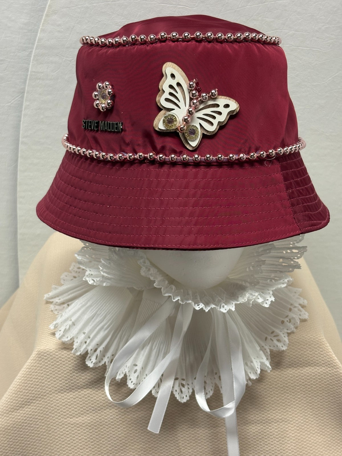 Steve Madden Burgundy Bucket Hat - Pearl Chain and Butterfly Bling - Handmade