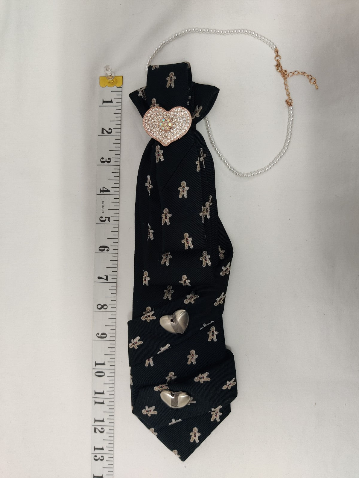 Women's Christmas Jabot Necklace - Black Gingerbread Tie - Heart Rhinestone