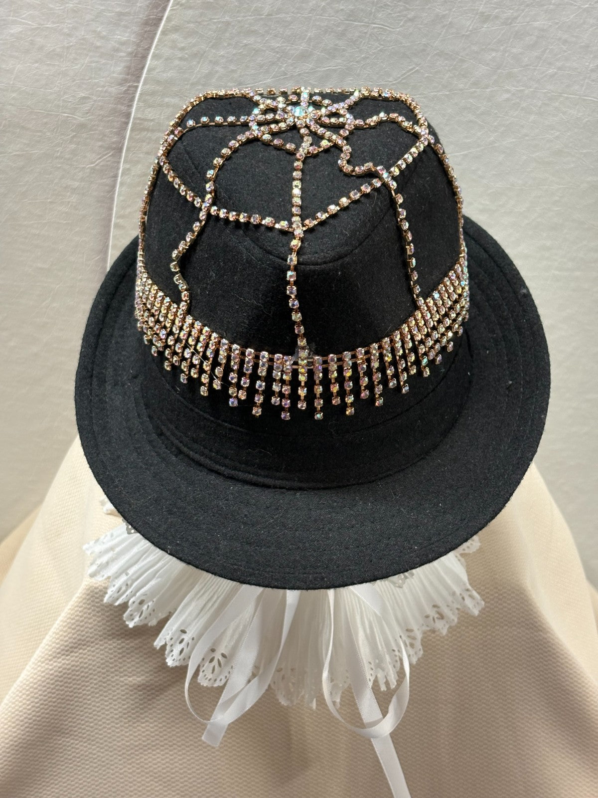 Black Felt Fedora Hat - Rhinestone Fringe Bling Fedora - Rose Gold Crystal