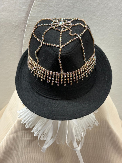 Black Felt Fedora Hat - Rhinestone Fringe Bling Fedora - Rose Gold Crystal