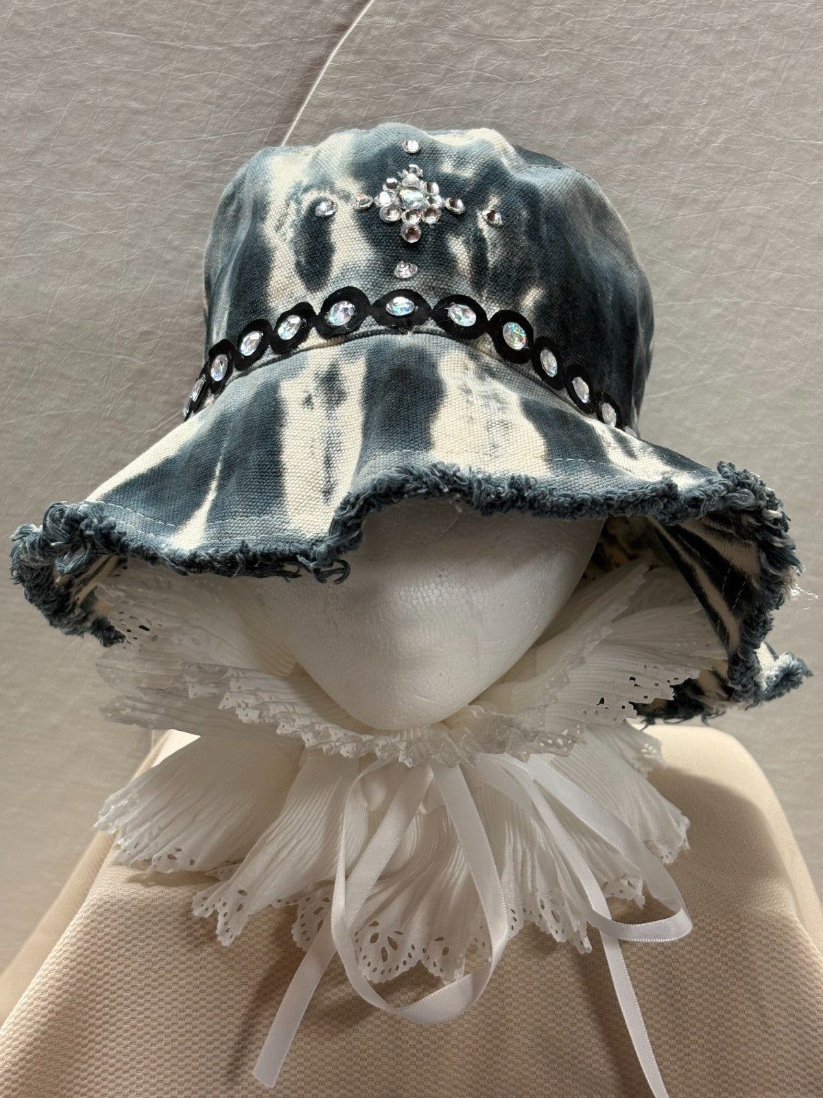 Handmade Tie Dye Bucket Hat - Boho Rhinestone Lace Ruffle Hat festival Distress