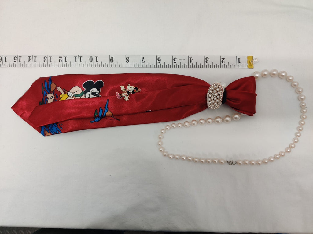 Women's Disney Jabot Necklace - Red Satin Silk Tie - Mickey Mouse - Pearl