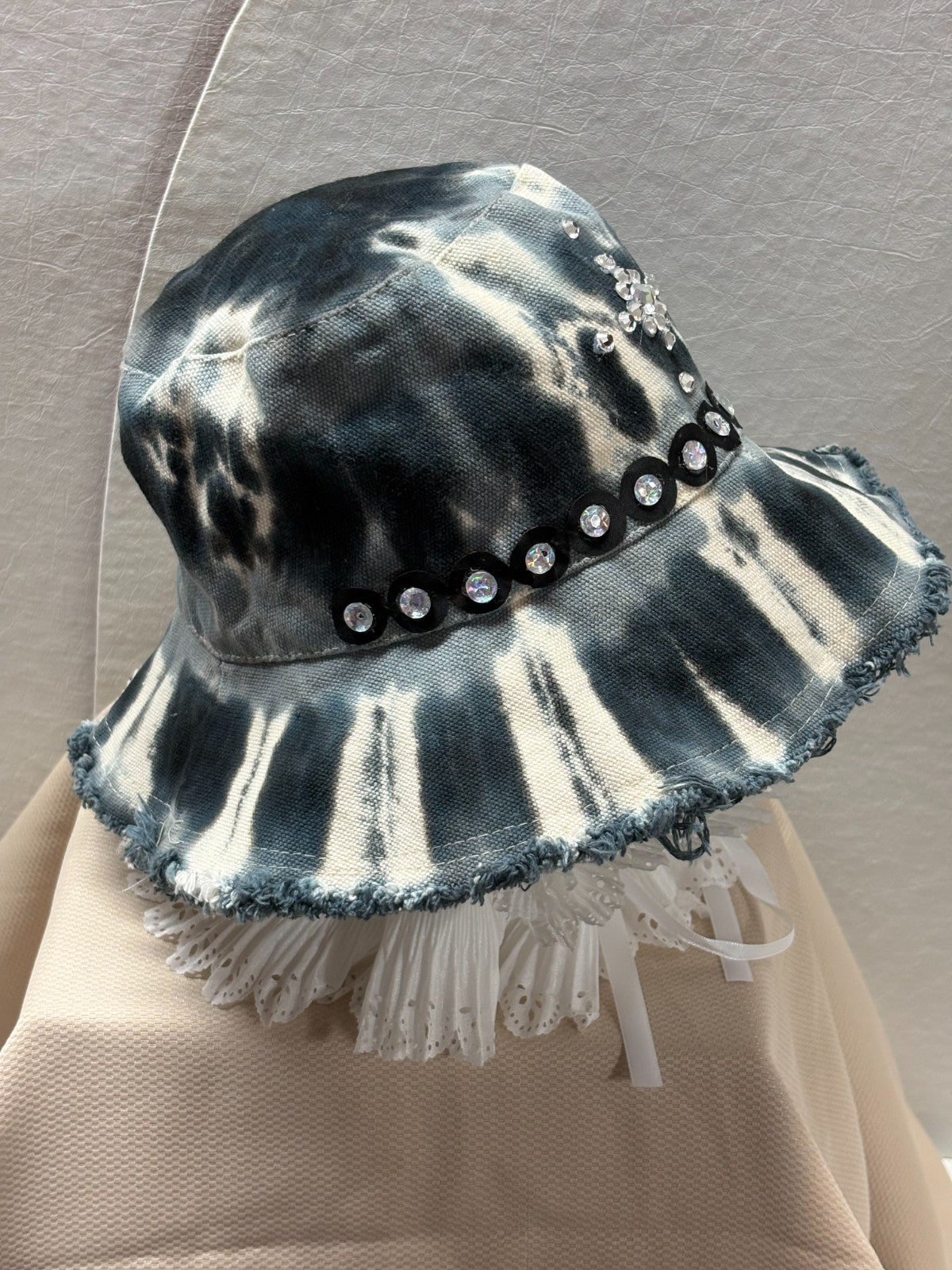 Handmade Tie Dye Bucket Hat - Boho Rhinestone Lace Ruffle Hat festival Distress
