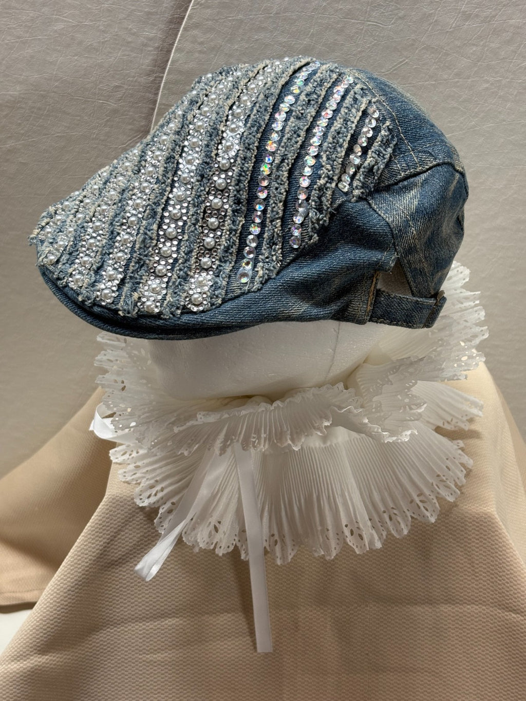 Denim Newsboy Cap - Pearl & Rhinestone Flat Cap - Bling Distressed Denim - Boho