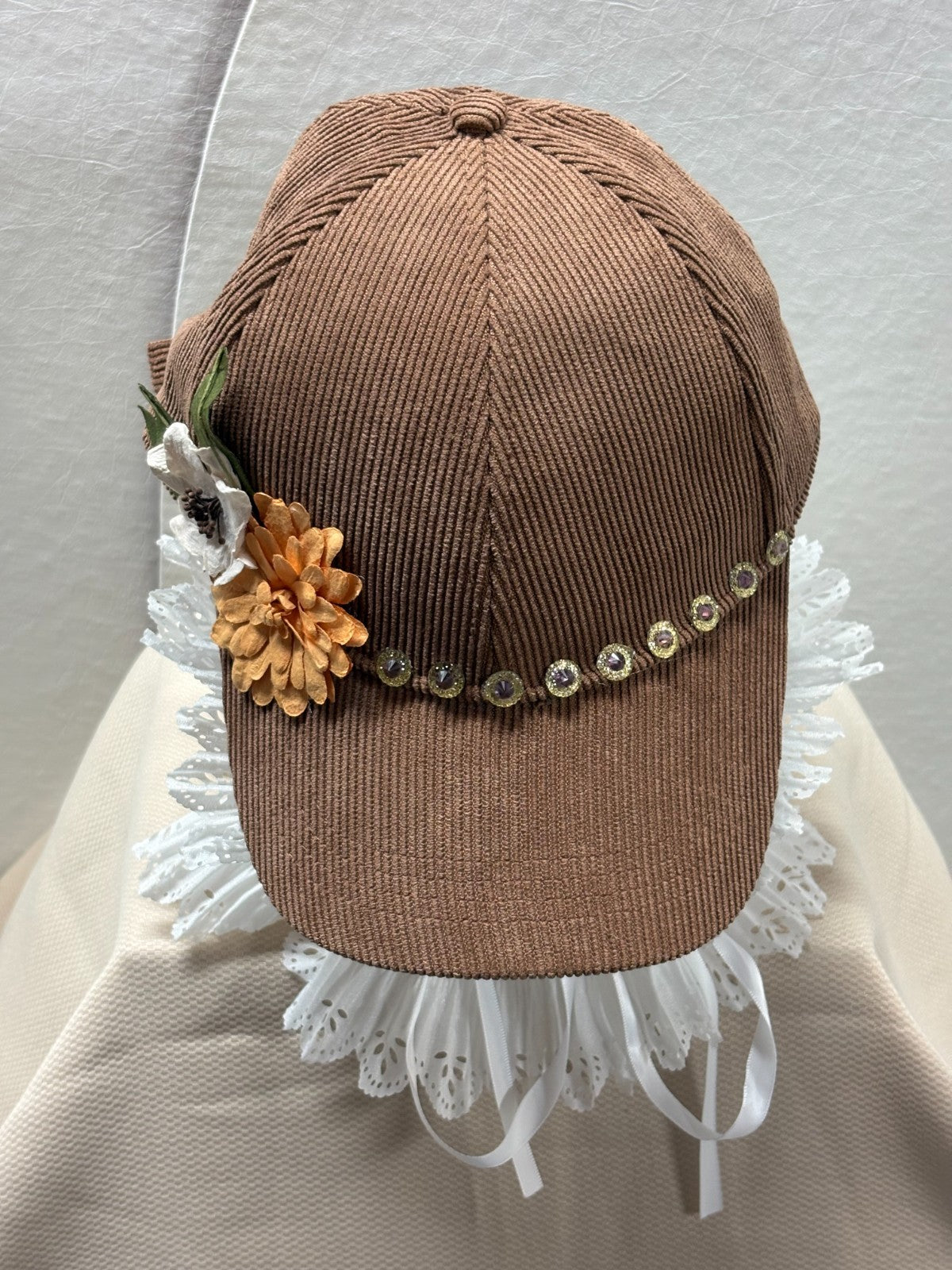 Handmade Brown Corduroy Baseball Cap - Floral & Rhinestone Fall Bling Hat