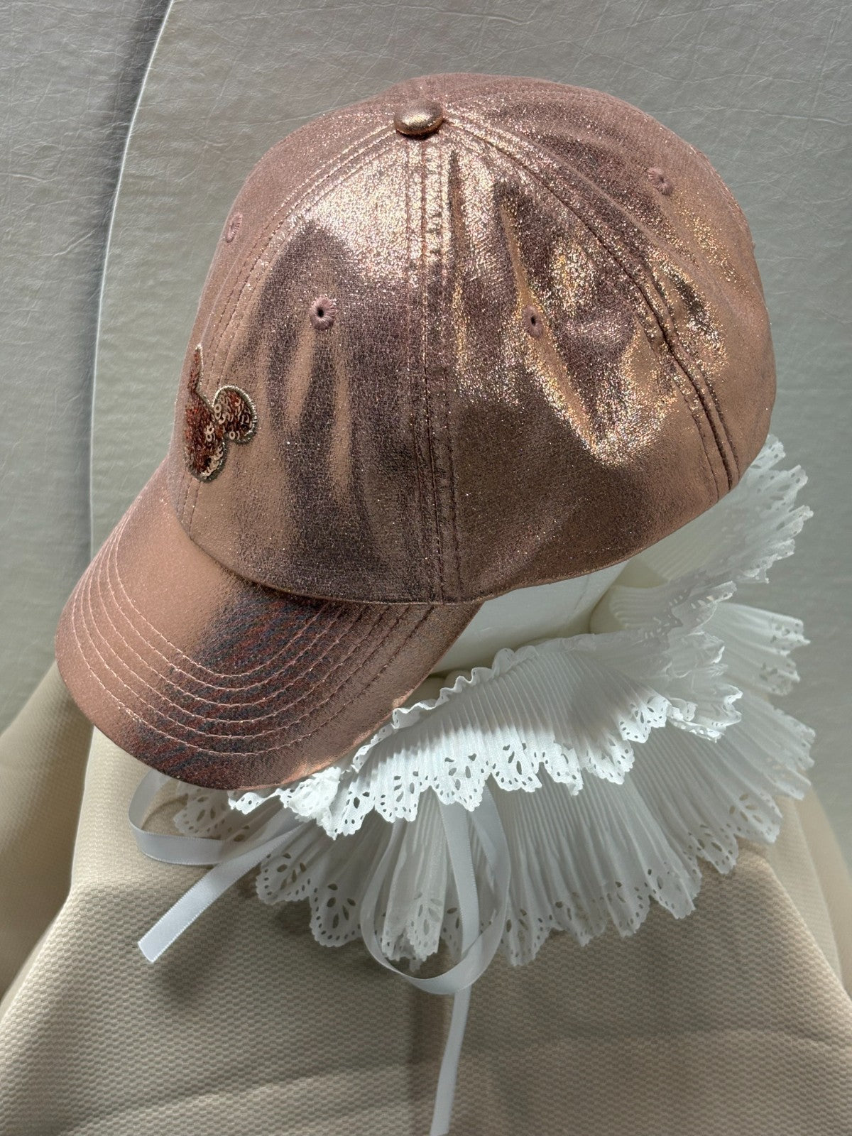 Rose Gold Sequin Mouse Ears Baseball Cap- Metallic Glitter Hat - one size - Pink