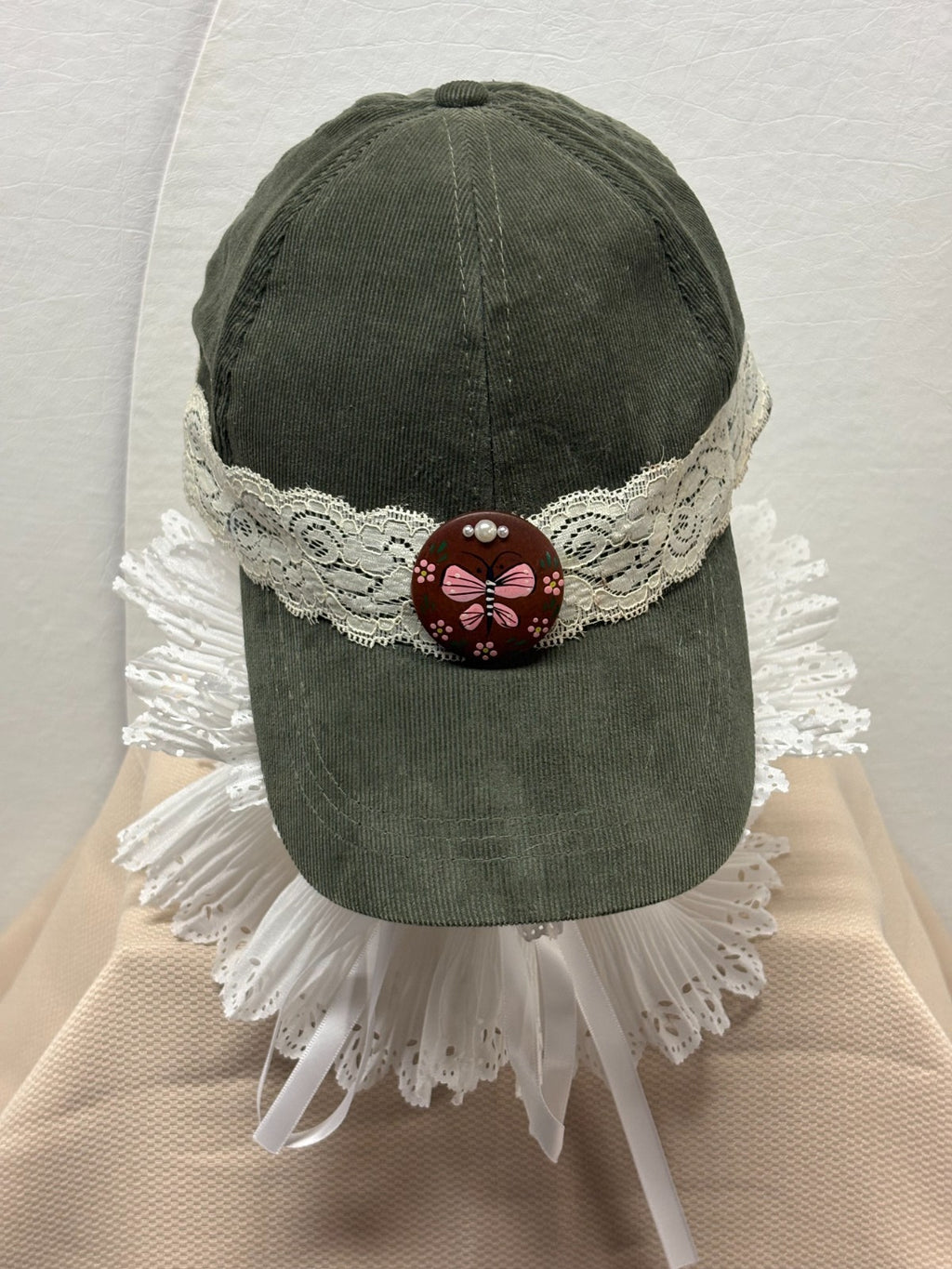 Olive Green Baseball Cap - White Lace band - Hand Painted Pink Butterfly Button