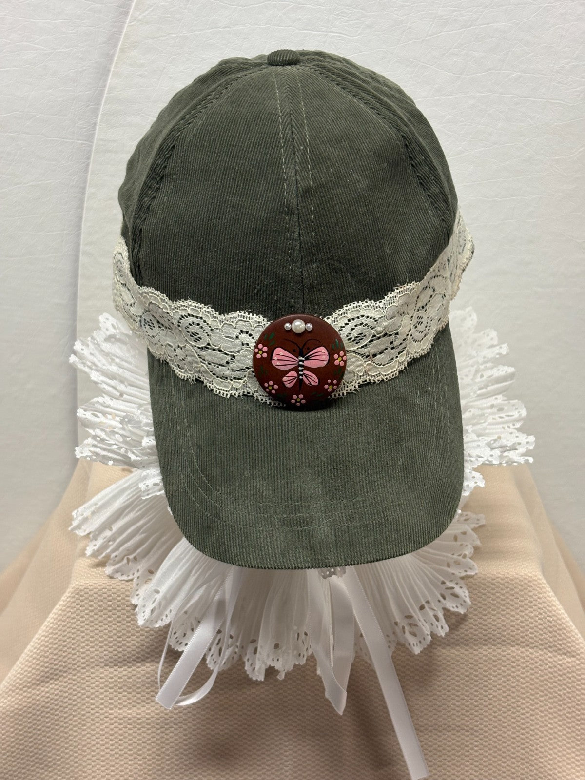 Olive Green Baseball Cap - White Lace band - Hand Painted Pink Butterfly Button