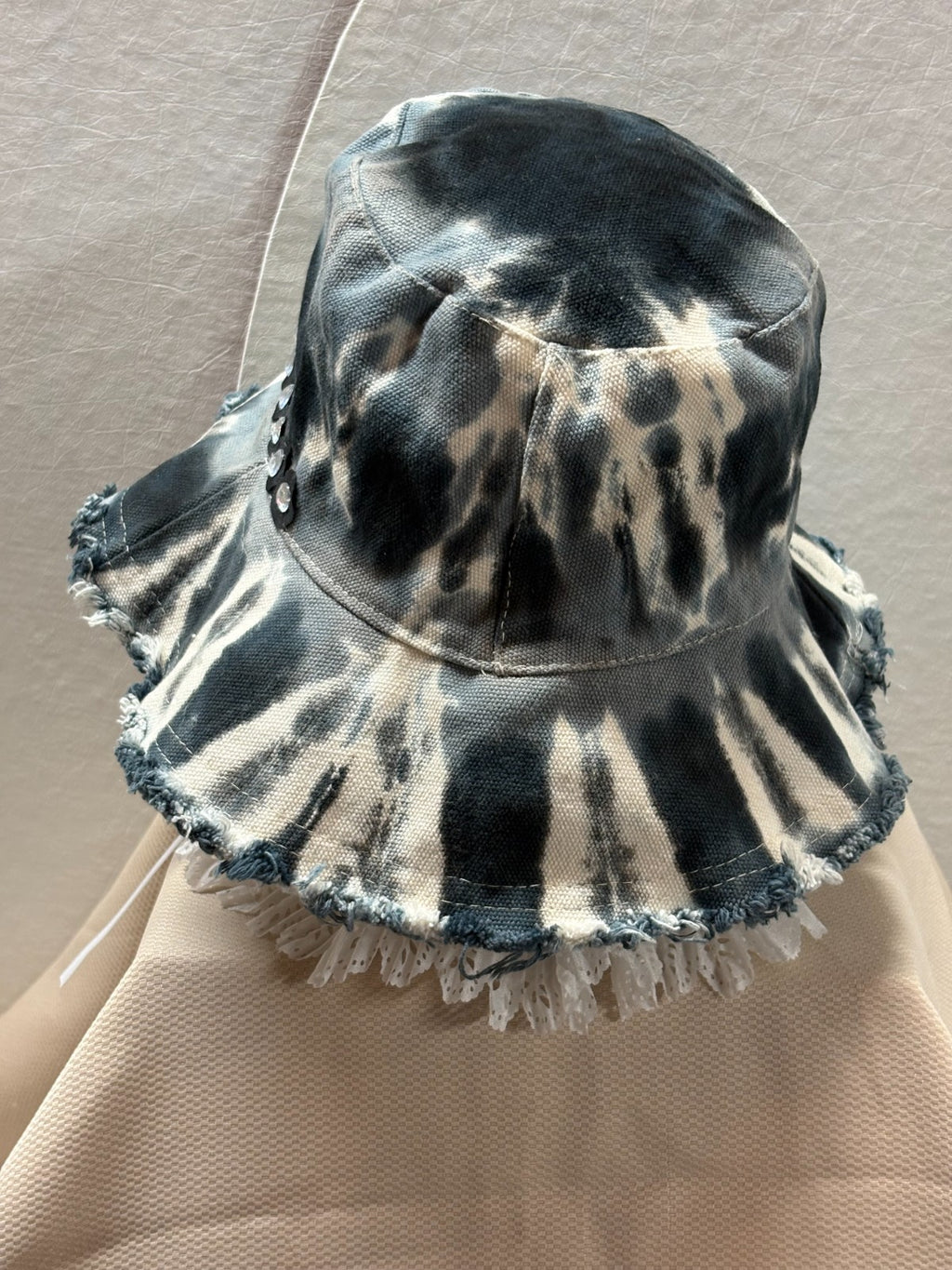 Handmade Tie Dye Bucket Hat - Boho Rhinestone Lace Ruffle Hat festival Distress