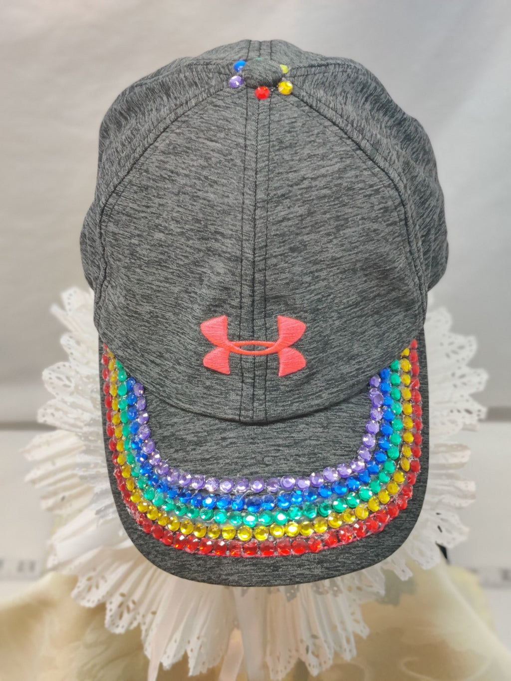 Women's Rainbow Bling Baseball Cap - Under Armour Gray - Pink Logo - Pride - OOA