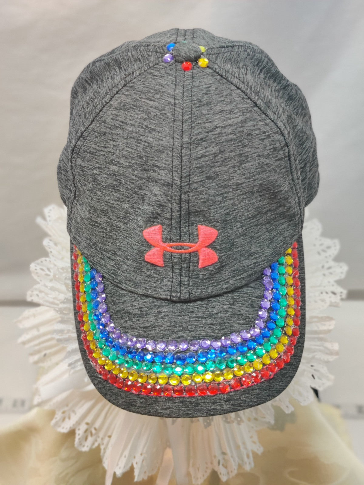 Women's Rainbow Bling Baseball Cap - Under Armour Gray - Pink Logo - Pride - OOA
