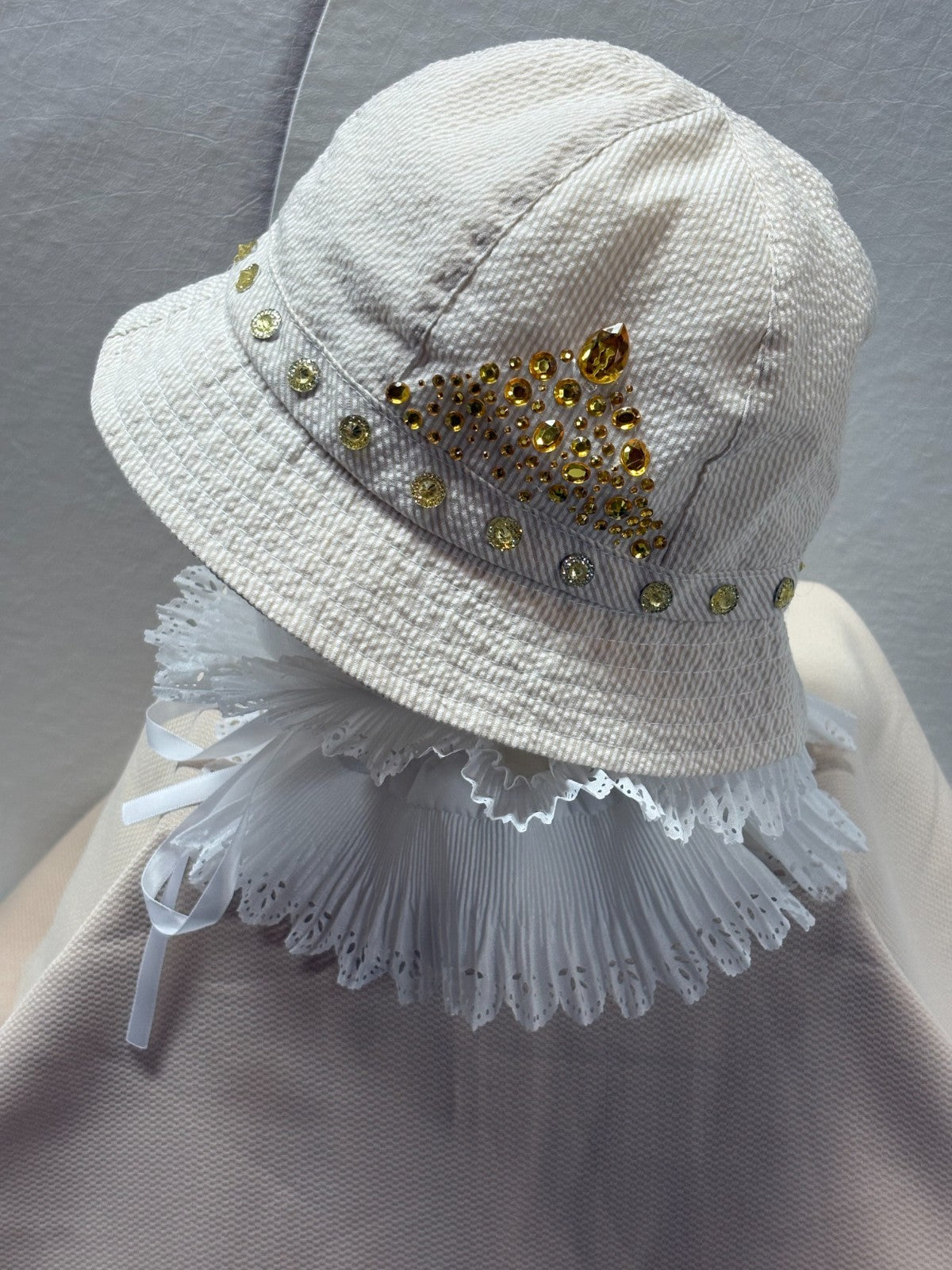 Cream Corduroy Bucket Hat - Gold Rhinestone Crown Design Bling Bucket