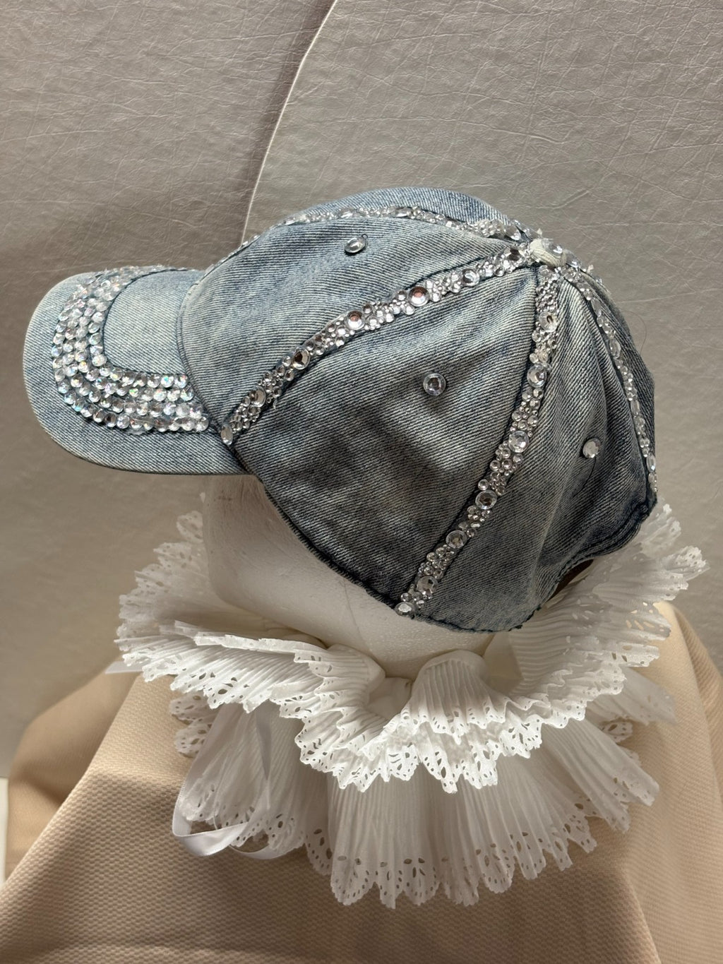 Handmade Denim Rhinestone Baseball Cap- Bling Jean Hat - Distressed Crystal