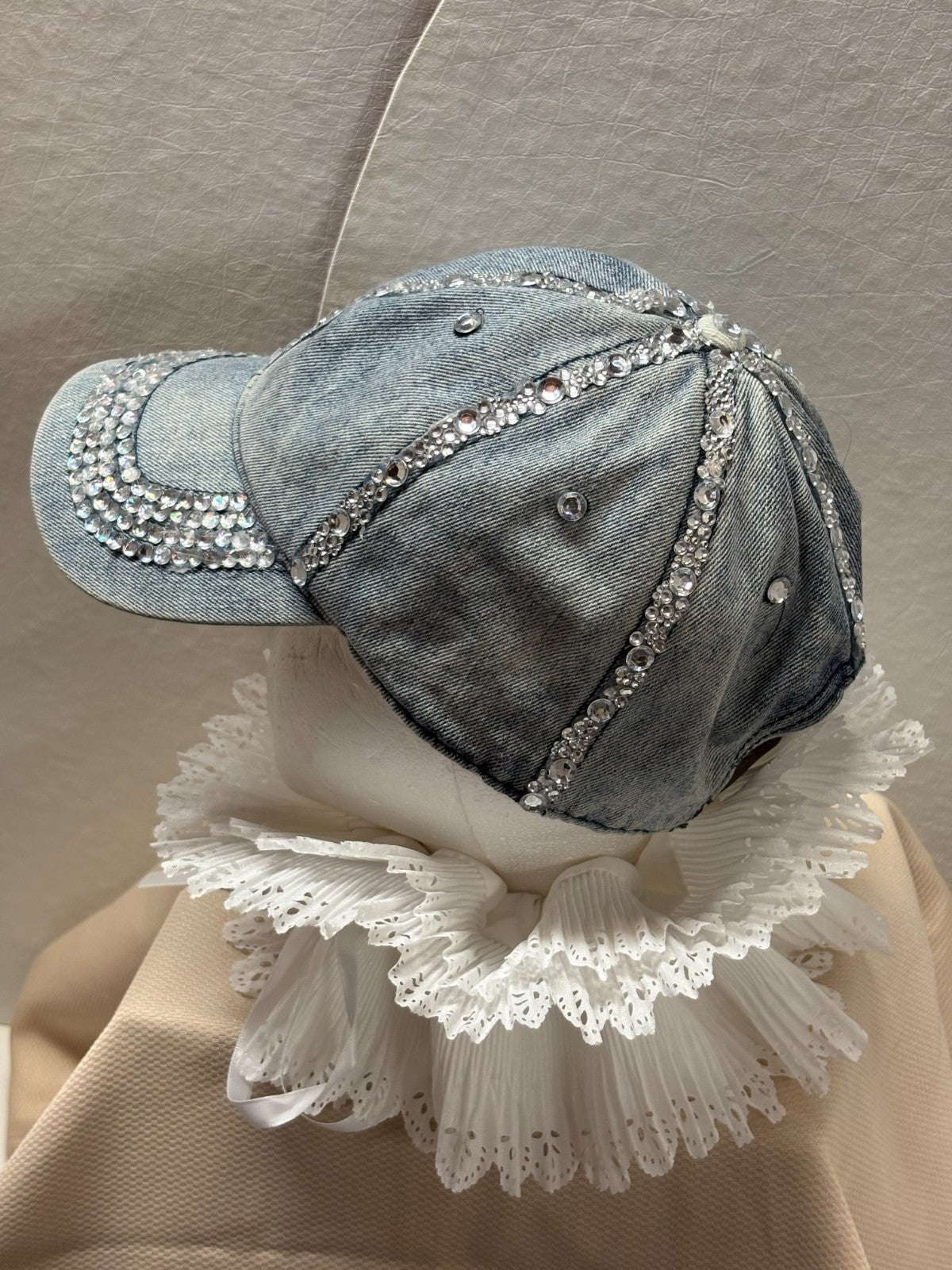 Handmade Denim Rhinestone Baseball Cap- Bling Jean Hat - Distressed Crystal