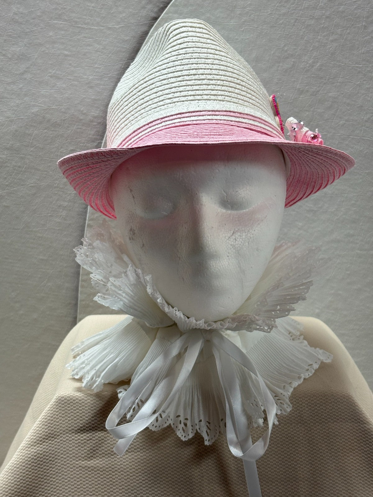 Pink &White Fedora Hat - Girls Women Straw Fedora - Rhinestone Bow & Butterfly