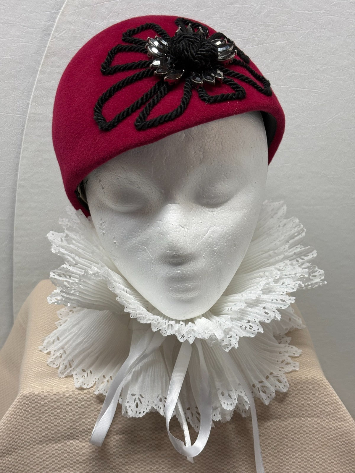 Red Beret Hat - Black Rope Flower Rhinestone - French Parisian Statement Hat