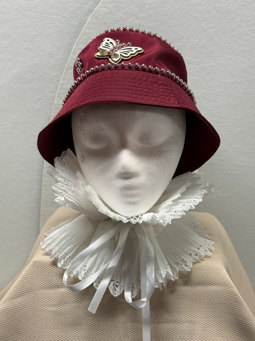 Steve Madden Burgundy Bucket Hat - Pearl Chain and Butterfly Bling - Handmade