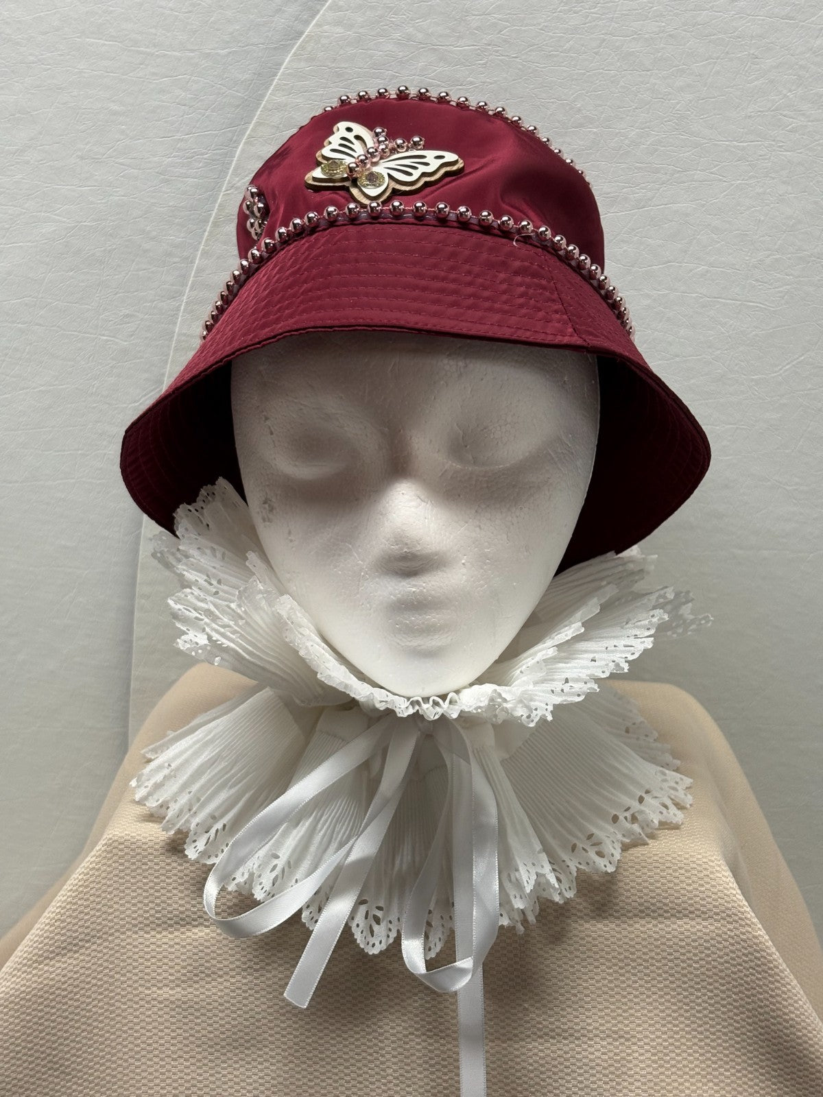 Steve Madden Burgundy Bucket Hat - Pearl Chain and Butterfly Bling - Handmade