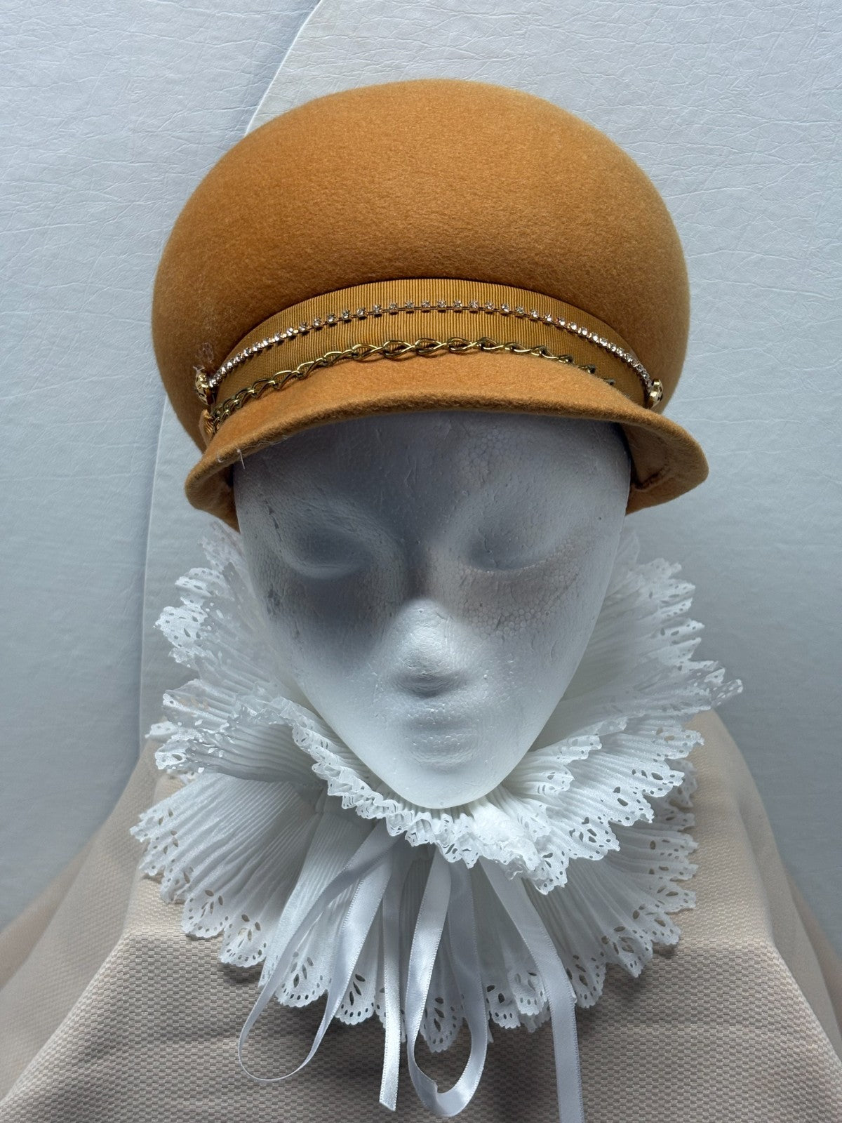 Camel Tan Baker Boy Newsboy Hat - Gold Chain & Rhinestone Trim - Designer Bling
