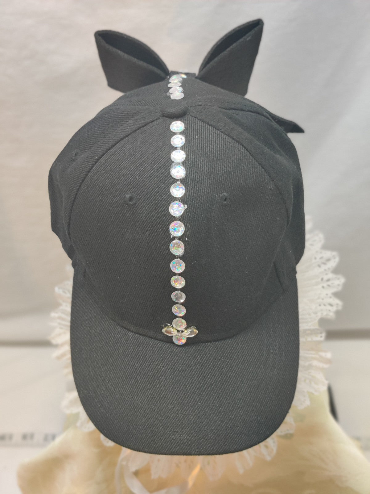 Black Baseball Cap Bow Back Bunny Ears - Iridescent Rhinestone Bling - Coquette