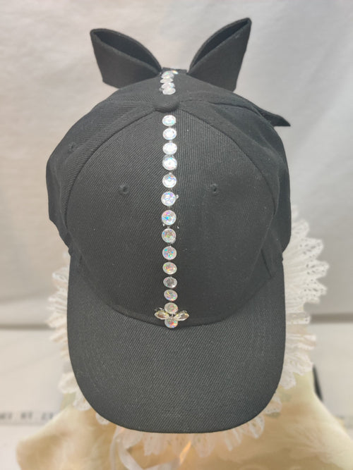 Black Baseball Cap Bow Back Bunny Ears - Iridescent Rhinestone Bling - Coquette