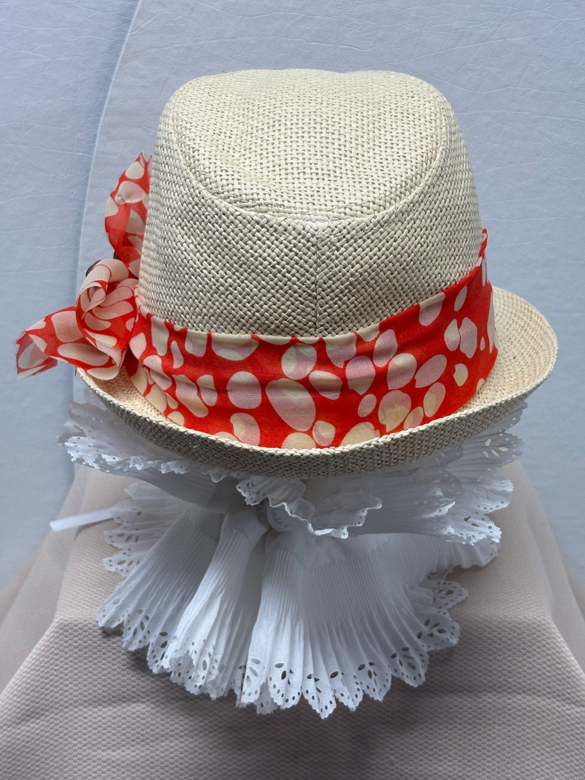 Beige Straw Fedora Hat - Coral Orange White Polka Dot Scarf Bow Pearl Butterfly
