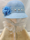 Angela & Williams Cloche Hat Baby Blue Linen -Embellished Pearl Rhinestones Lace
