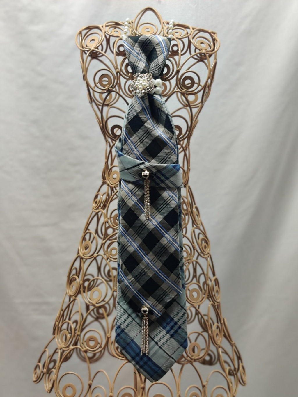 Women's Plaid Jabot Necklace - Blue Grey Black Tartan Tie - Pearl Rhinestone