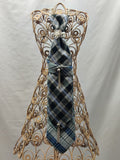 Women's Plaid Jabot Necklace - Blue Grey Black Tartan Tie - Pearl Rhinestone