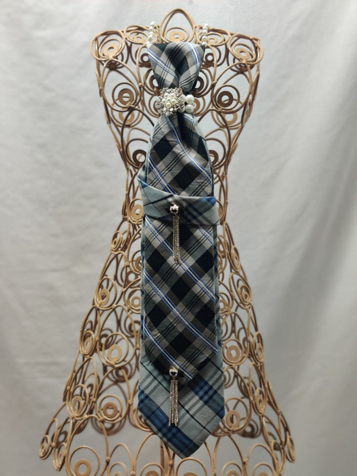 Women's Plaid Jabot Necklace - Blue Grey Black Tartan Tie - Pearl Rhinestone