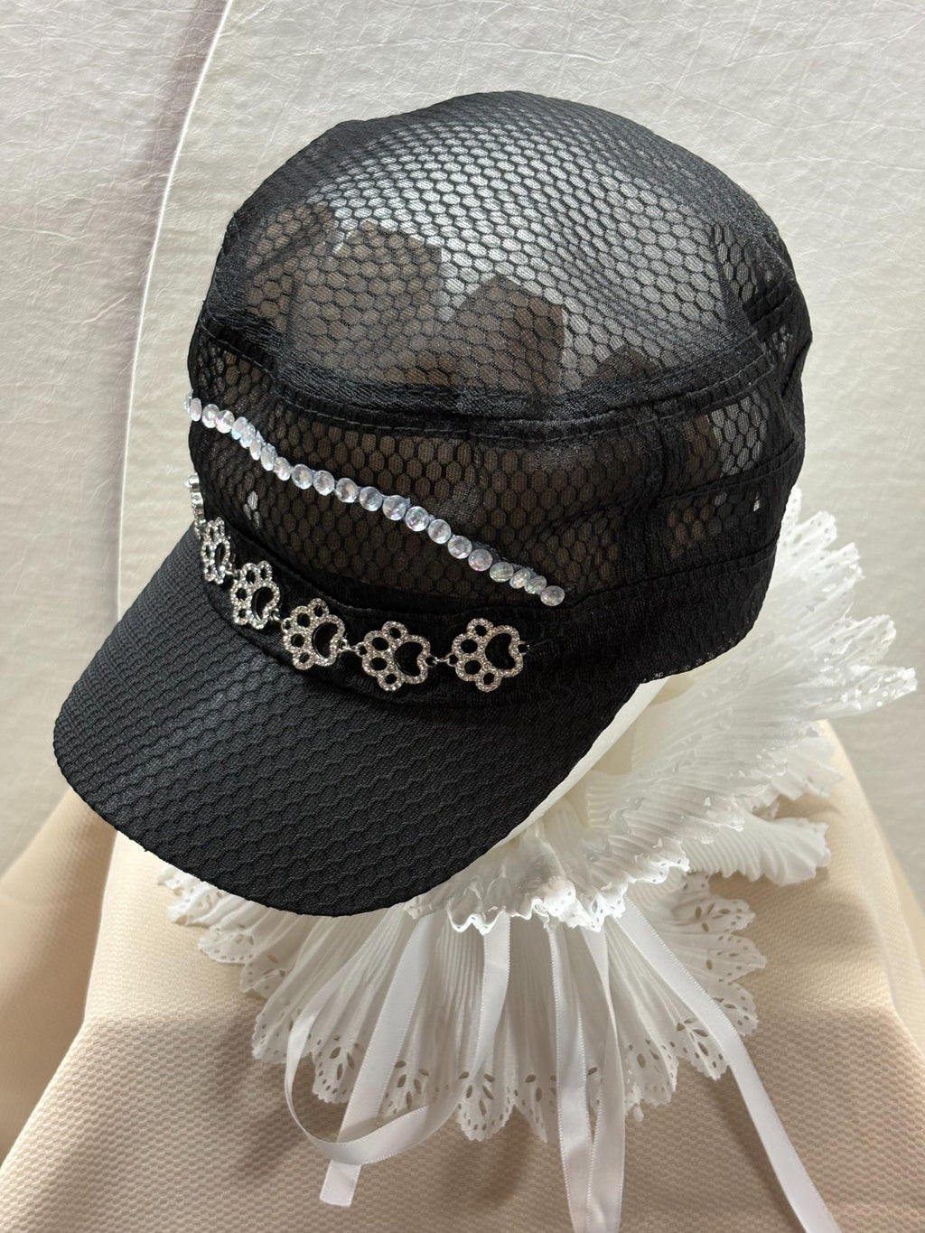 Dog Lover Bling Hat - Paw Print Rhinestone Cap - Black Mesh - Lace Ruffle
