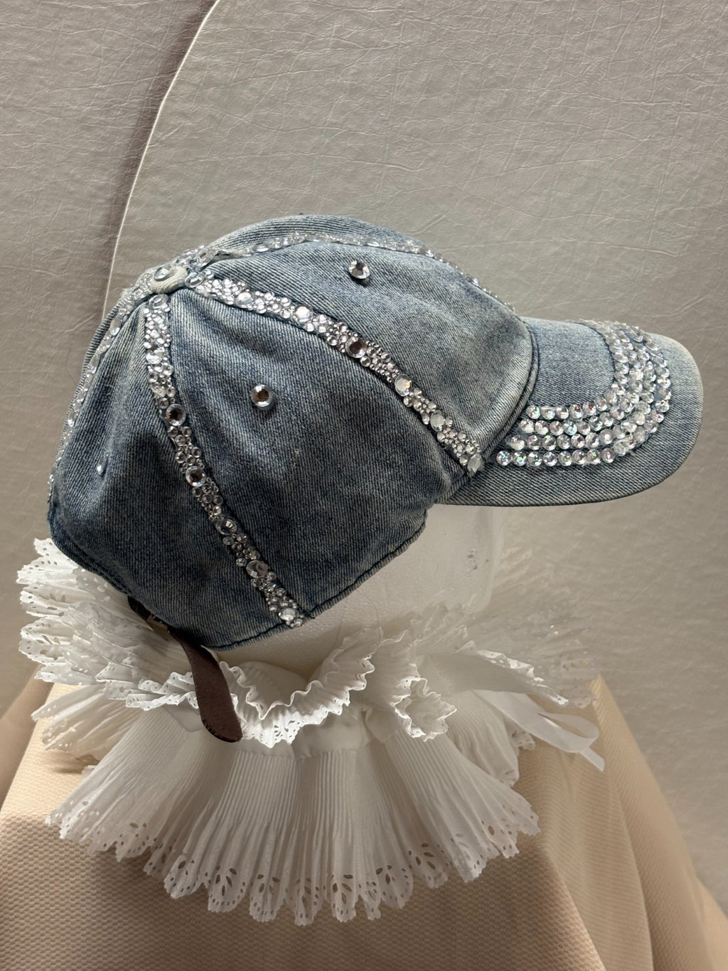 Handmade Denim Rhinestone Baseball Cap- Bling Jean Hat - Distressed Crystal