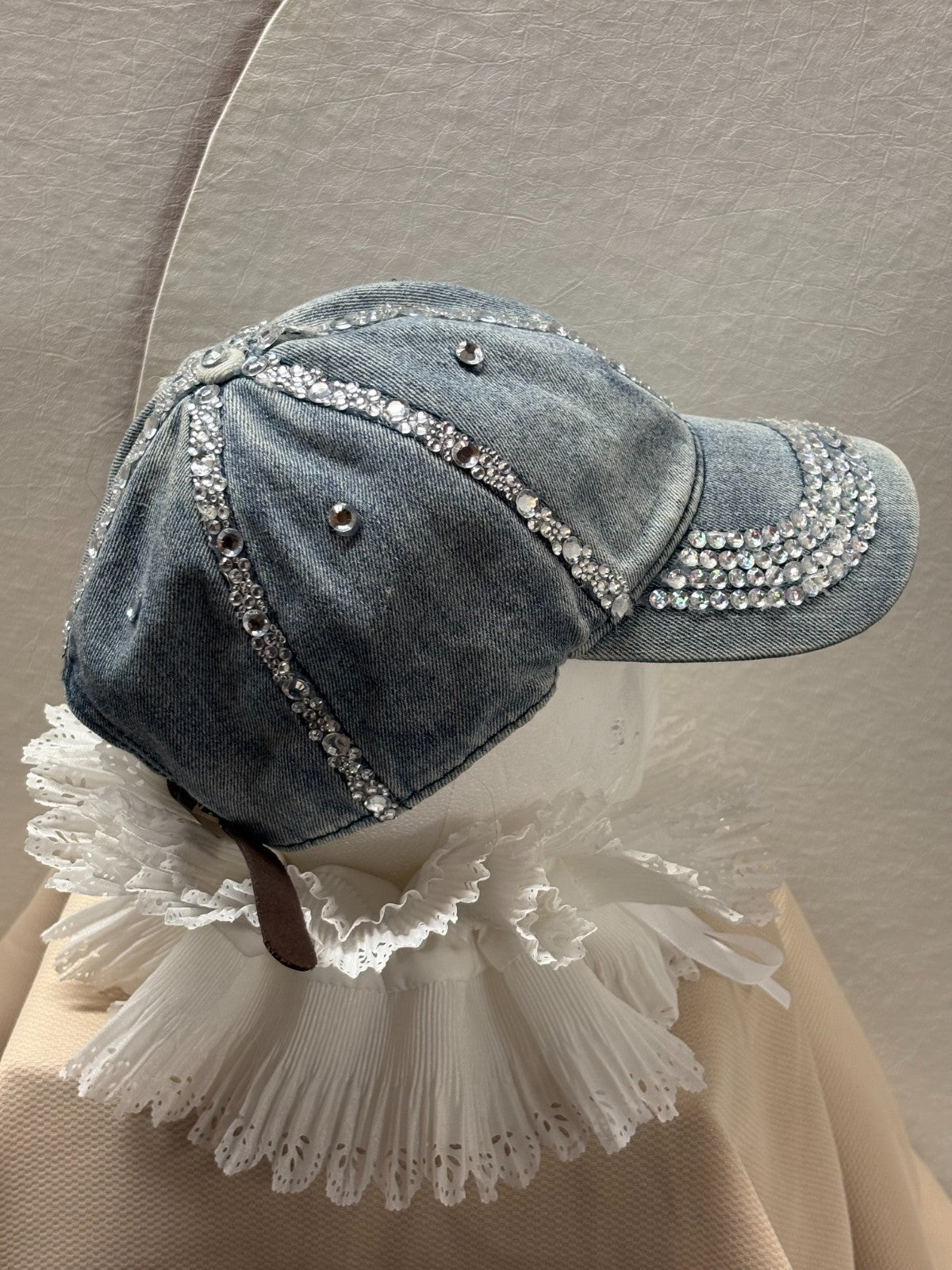 Handmade Denim Rhinestone Baseball Cap- Bling Jean Hat - Distressed Crystal