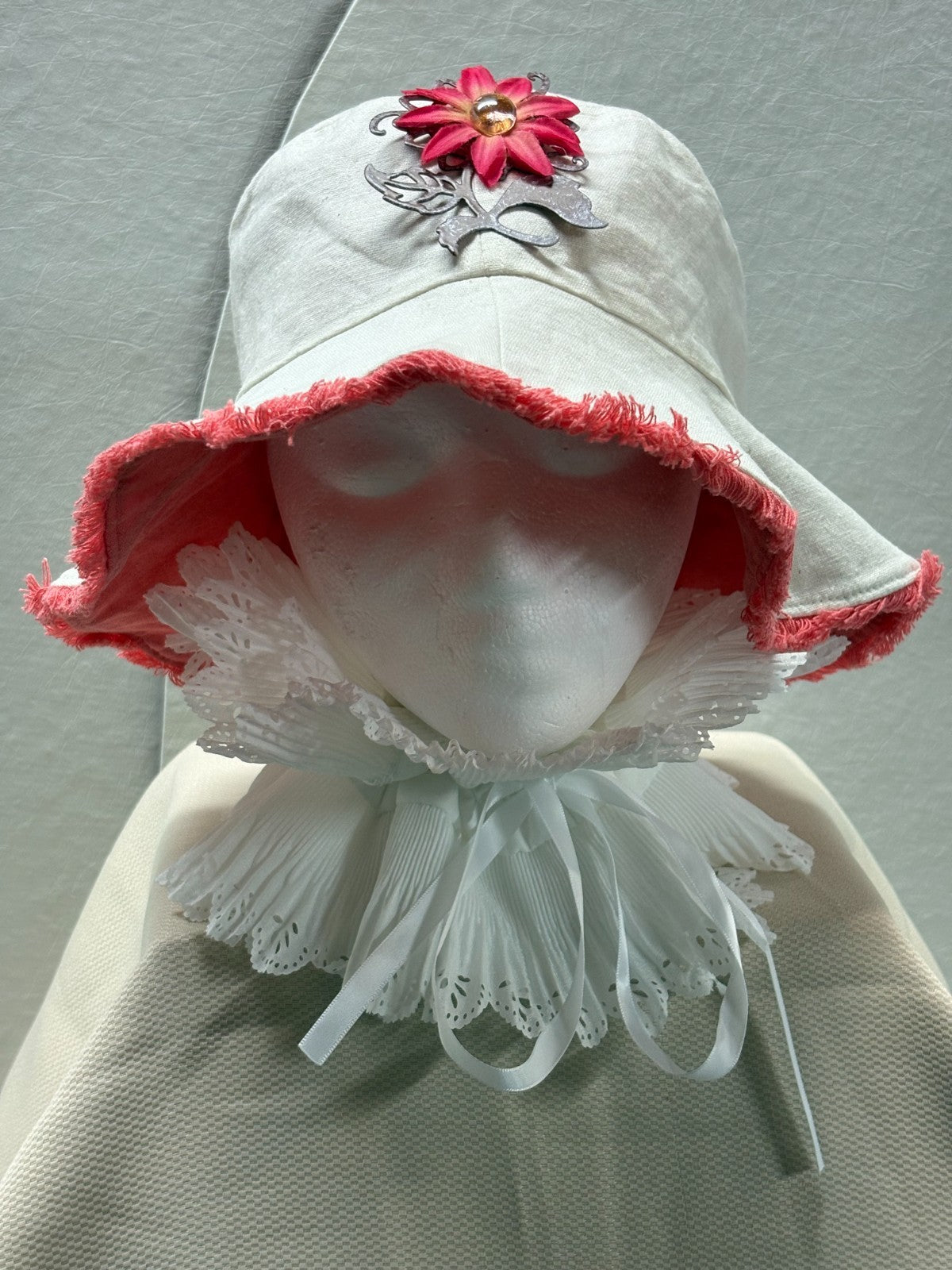 Reversible Bucket Hat 2-in-1 Coral & Cream Magnetic Removable Flower Brooch
