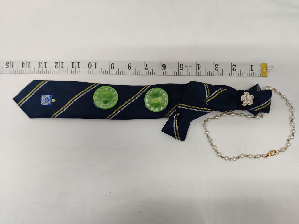 Women's School Tie Jabot Necklace - Navy Yellow Striped - Green Statement Button