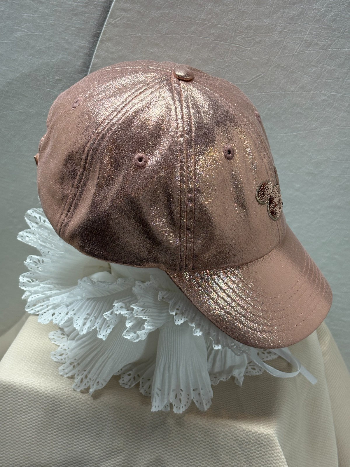 Rose Gold Sequin Mouse Ears Baseball Cap- Metallic Glitter Hat - one size - Pink