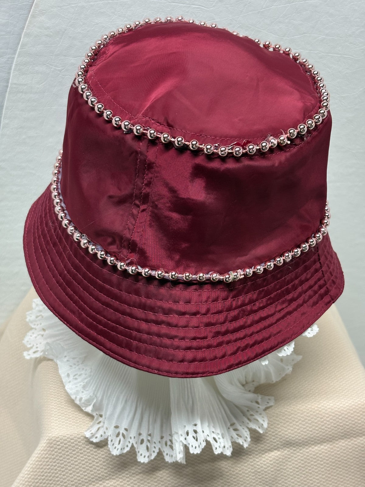 Steve Madden Burgundy Bucket Hat - Pearl Chain and Butterfly Bling - Handmade