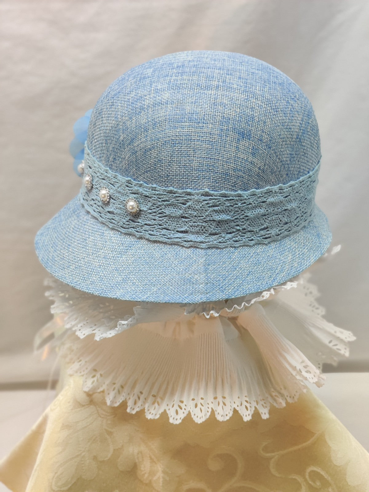 Angela & Williams Cloche Hat Baby Blue Linen -Embellished Pearl Rhinestones Lace