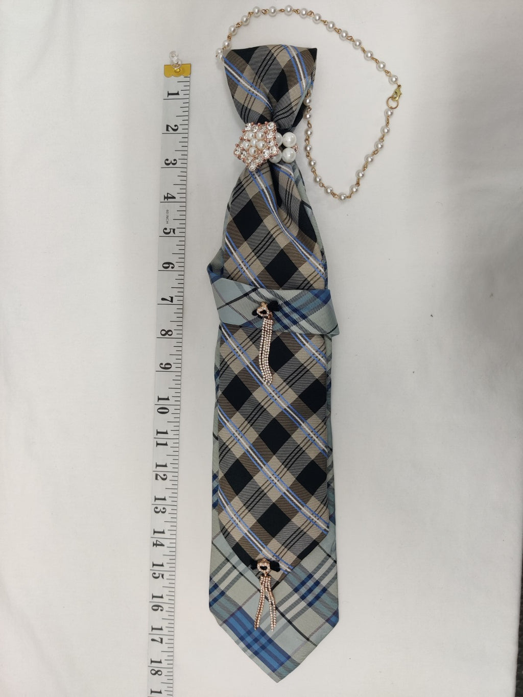 Women's Plaid Jabot Necklace - Blue Grey Black Tartan Tie - Pearl Rhinestone