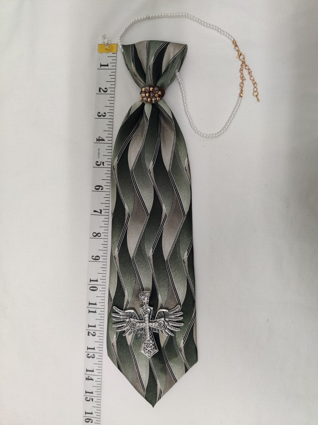 Women's Faith Jabot Necklace - Green Silver Striped Tie - Cross Wings Brooch