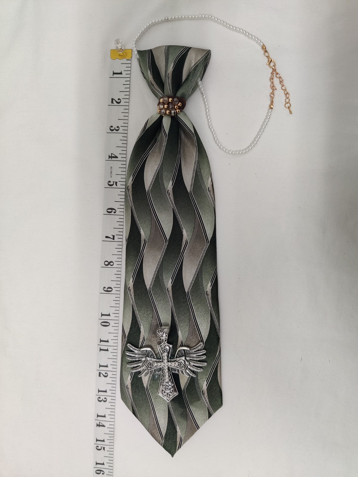 Women's Faith Jabot Necklace - Green Silver Striped Tie - Cross Wings Brooch