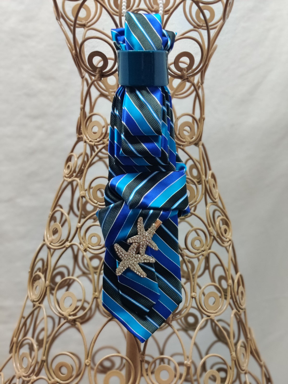 Women's Beach Jabot Necklace - Blue Black Striped Satin Tie - Starfish Brooch