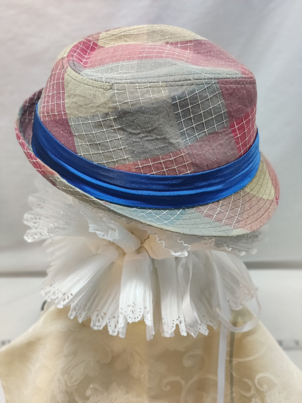 Patchwork Fedora Hat Multicolor Pink Blue - Hand Embellished Buttons Flower Boho