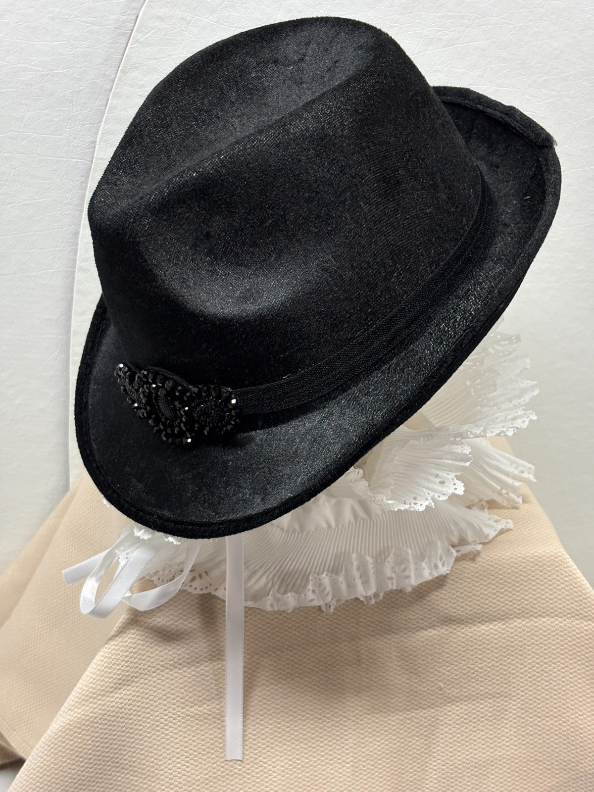Black Velvet Fedora Hat- Sparkle Shimmer -  Black Beaded Rhinestone Bow Brooch