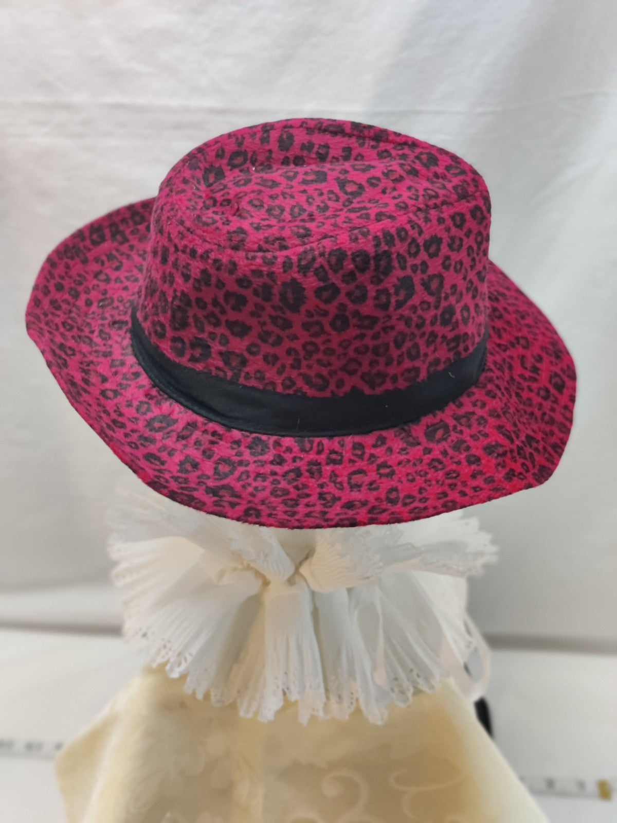 VERA by New York Fedora Hat Fuchsia Pink Black Leopard Print - Gold Flower Pearl