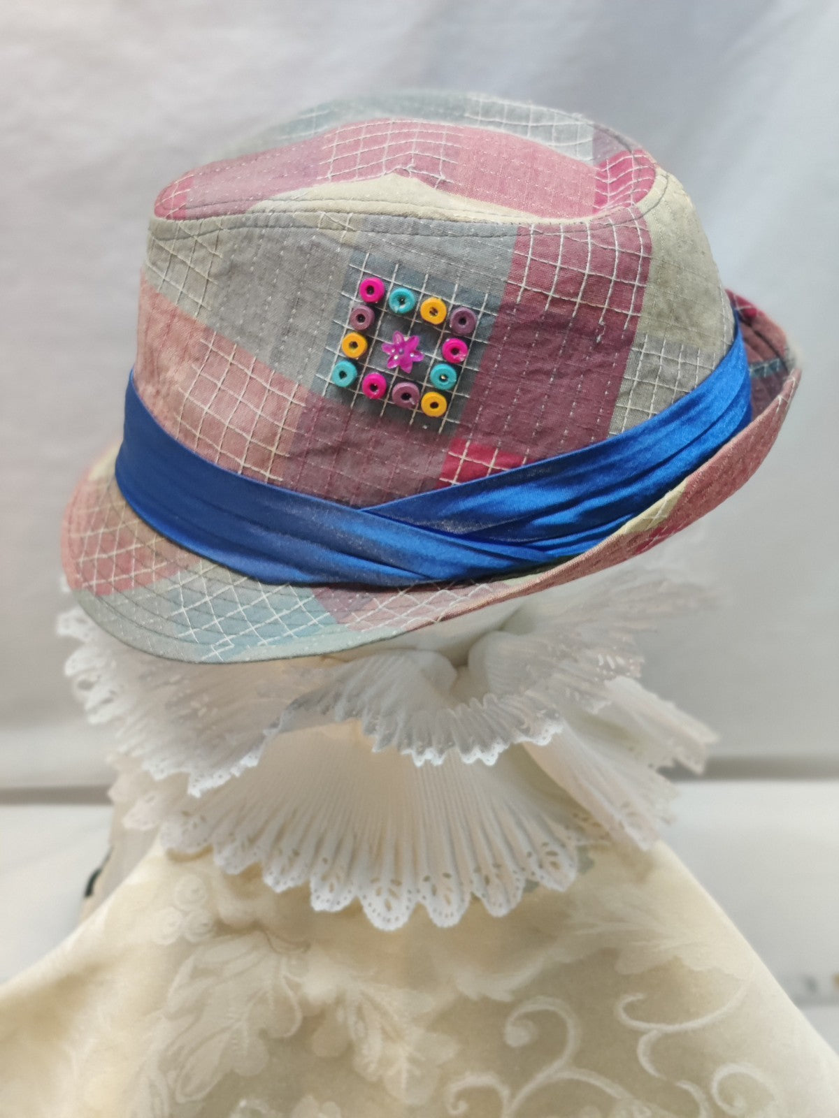 Patchwork Fedora Hat Multicolor Pink Blue - Hand Embellished Buttons Flower Boho