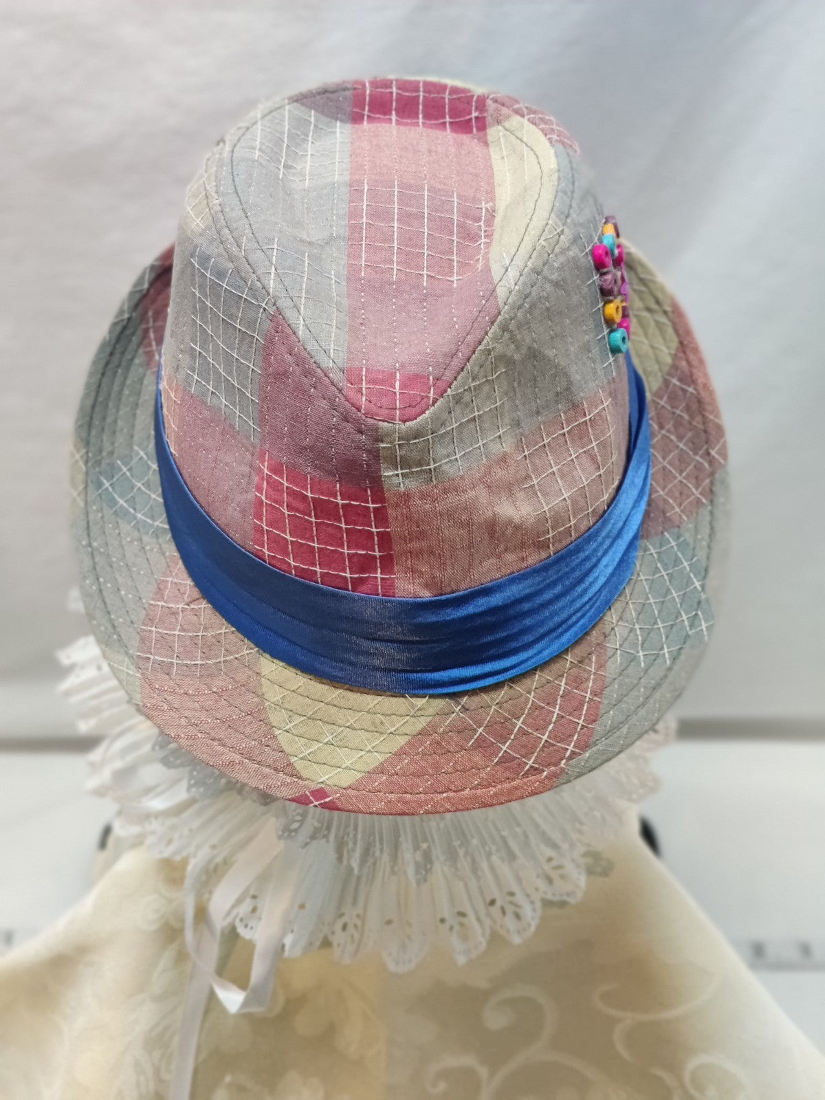 Patchwork Fedora Hat Multicolor Pink Blue - Hand Embellished Buttons Flower Boho