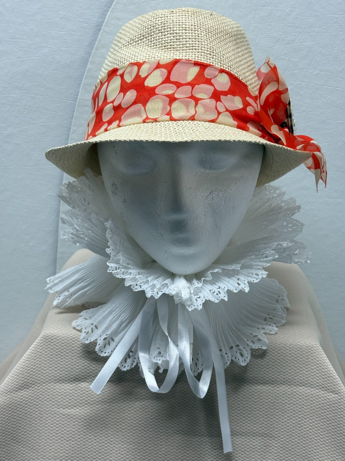 Beige Straw Fedora Hat - Coral Orange White Polka Dot Scarf Bow Pearl Butterfly